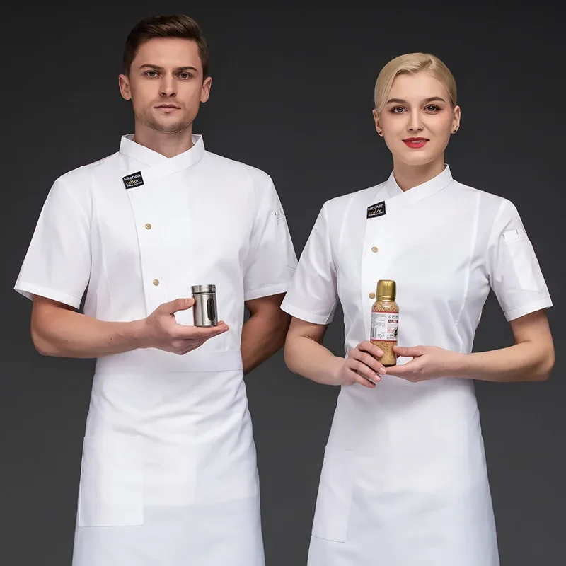 Commercio all'ingrosso Unisex ristorante uniforme panetteria servizio di ristorazione manica corta Chef uniforme cucinare vestiti Bar Cafe cameriere vestiti donne