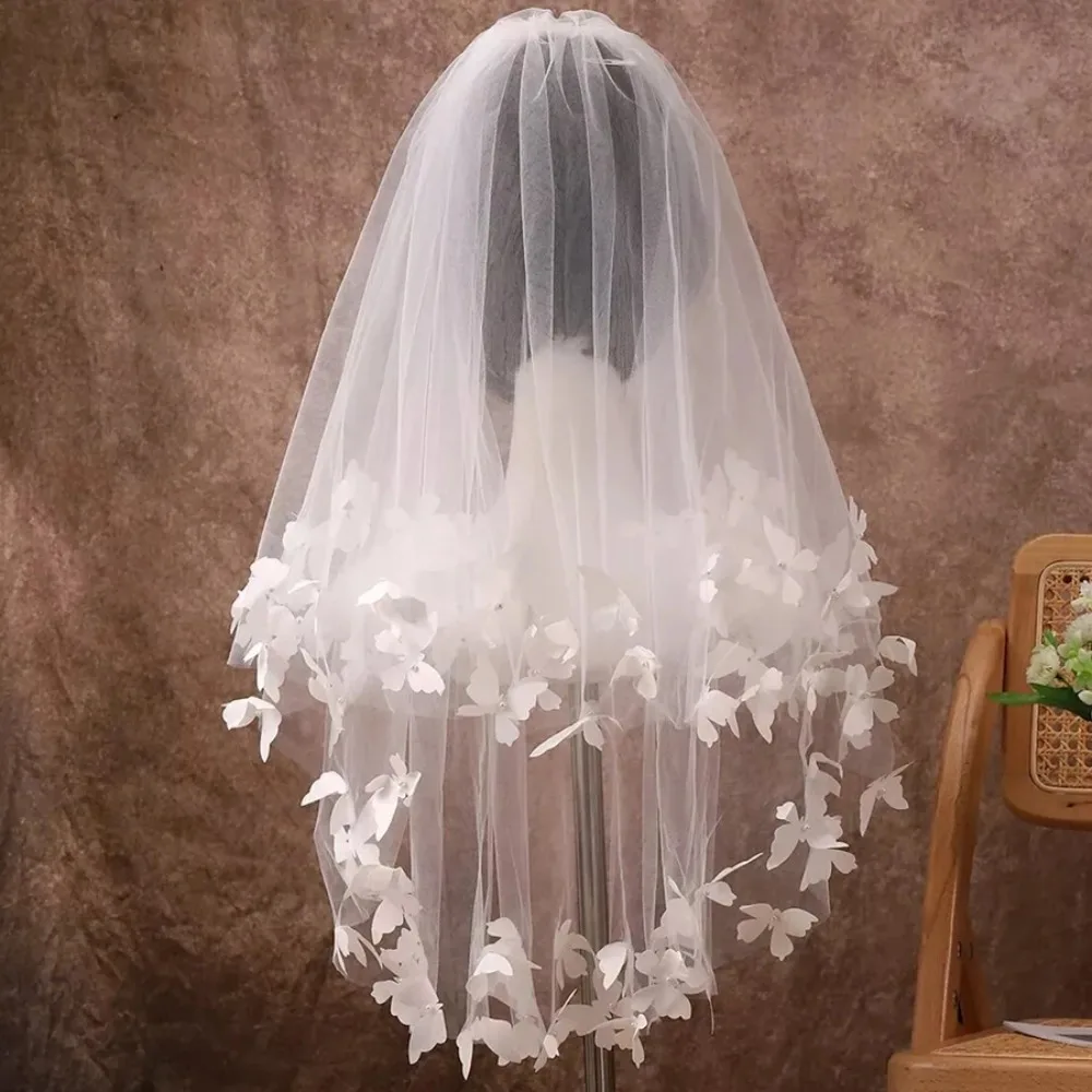 Butterfly Pearls Bridal Veil 2 Layers Short Wedding Veils Customized