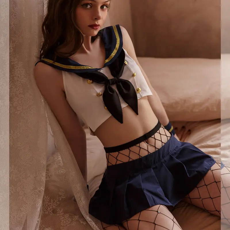 

Navy Collar Sailor Cosplay Lingerie Women Sexy Student Uniform School Girl Ladies Erotic Costume Lace Miniskirt Outfit Short Top