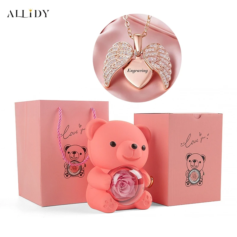Personalized Angel Wings Name Necklace with Eternal Rose Teddy Bear Jewelry Gift Box – Custom Romantic Gift Set for Women