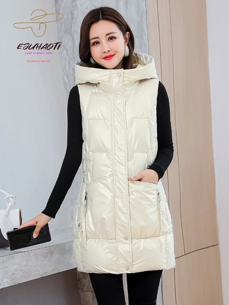 Glossy Mid Length Version Down Cotton Women\'s Vest Winter Korean Loose Hooded Thicken Waterproof Waistcoat Sleeveless Jackets