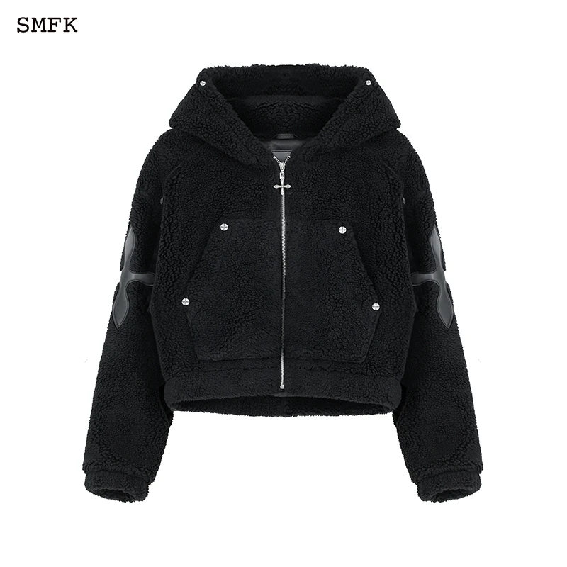 SMFK Women Handmade Lamb Fleece Hoodie Zip Hooded Cashmere Jacket  Short Thicker Woolen Jacket Babes Cashmere Short Coat CF002BS