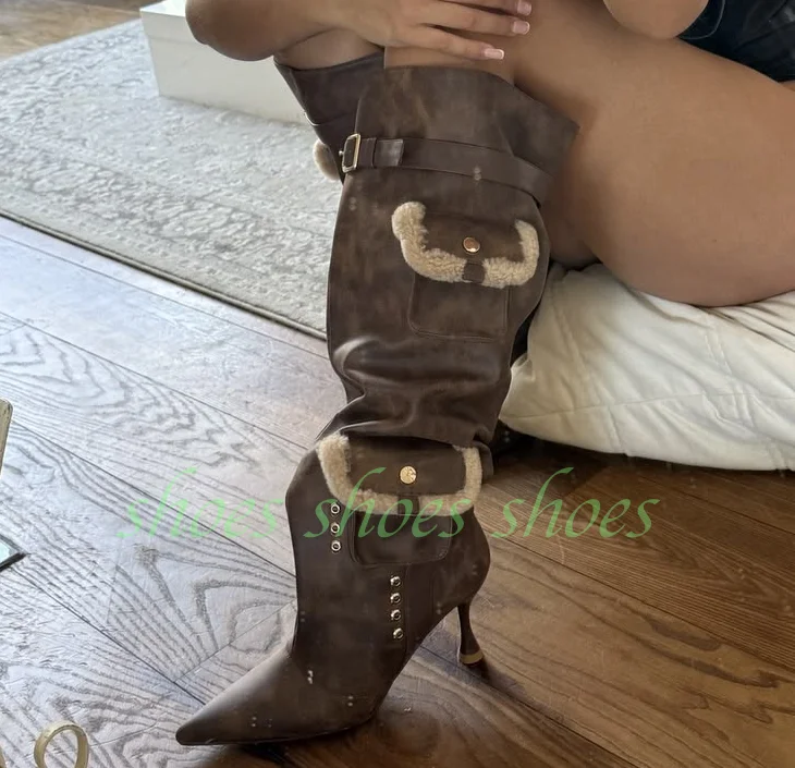 Gladiator Style Brown Faux Shearling Pocket Knee High Boots Women Pointed Toe Buckle Strap Stiletto High Heel Winter Tall Boots