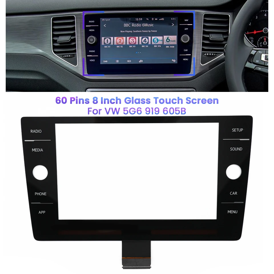 60 Pins 8 Inch Glass Touch Screen Panel Digitizer With SETUP For 5G6919605B 5G6919605 VW MK7 Golf 7 Passat b8 Polo Mk6