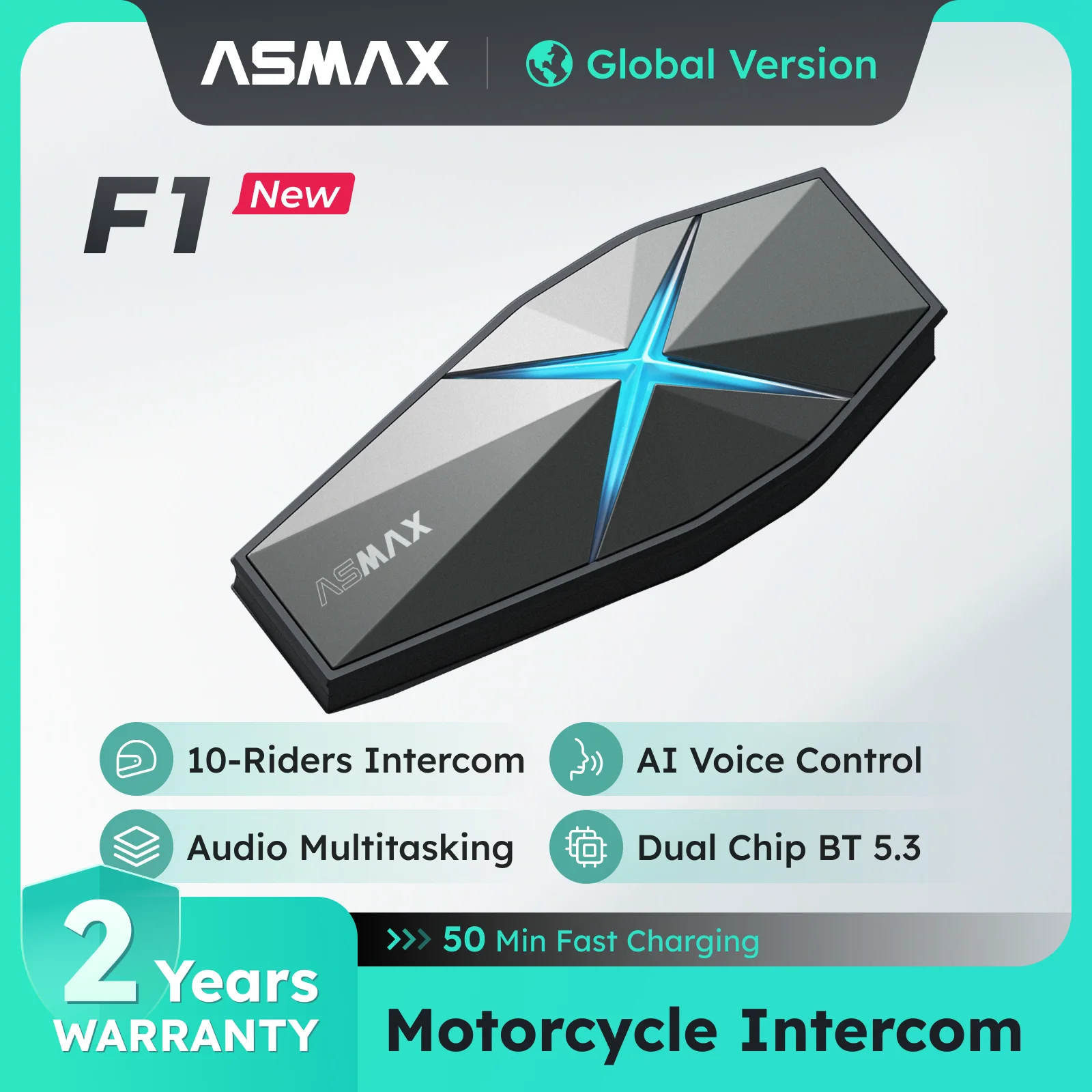 ASMAX F1 Motorcycle Helmet Headphones Mesh Intercom for 10 Riders Speak, Bluetooth 5.3 & AI Voice Control & IP67 Waterproof