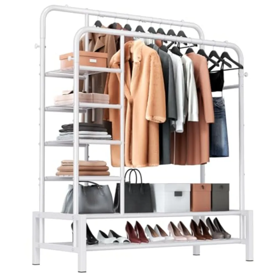 

Clothes Rack, Double Rods Clothing Rack with 2 Bottom Shelves and 4 Side Shelves, Metal Garment Rack for Hanging Clothes, Heavy