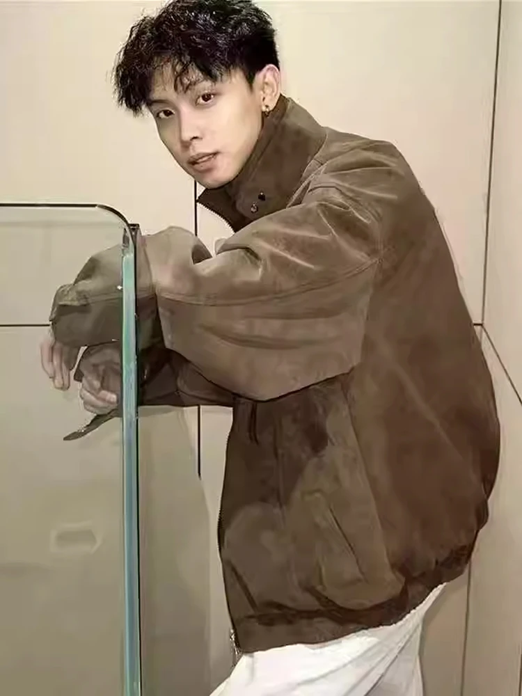 

Матовая мужская куртка из искусственной кожи, модная брендовая высококачественная крутая воротник-стойка, американская рабочая одежда в стиле ретро, мотоциклетная куртка