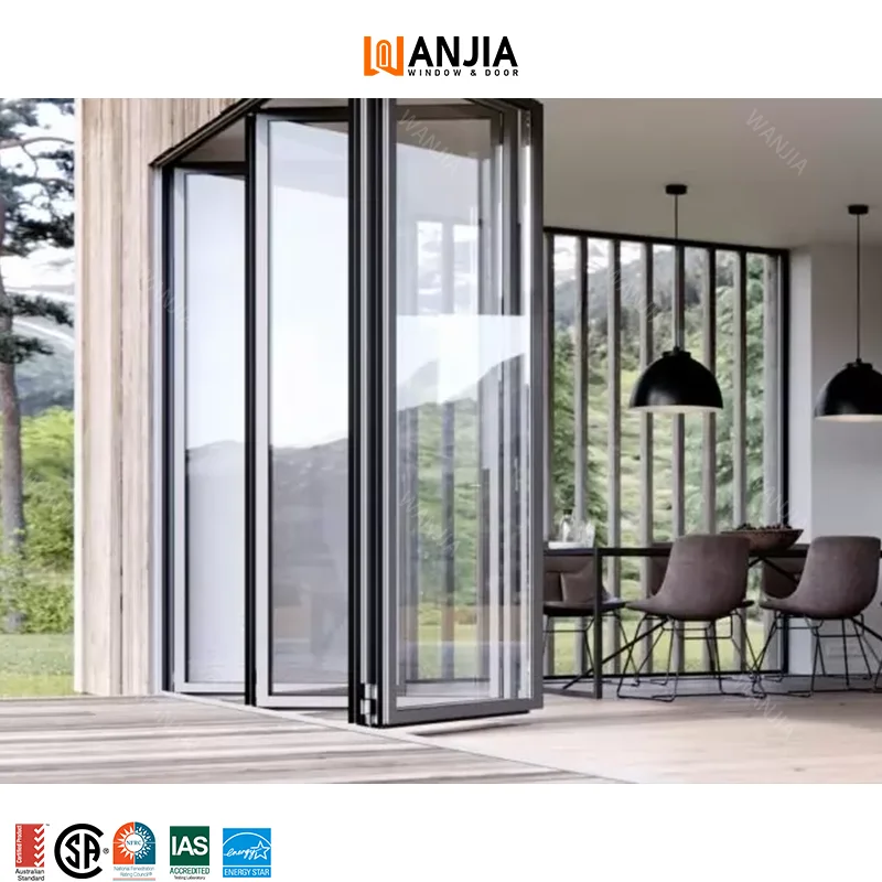 Custom WANJIA Exterior Waterproof Heat Insulation Bi Fold Door Accordion Folding Glass Door Aluminum Patio Bifold Doors