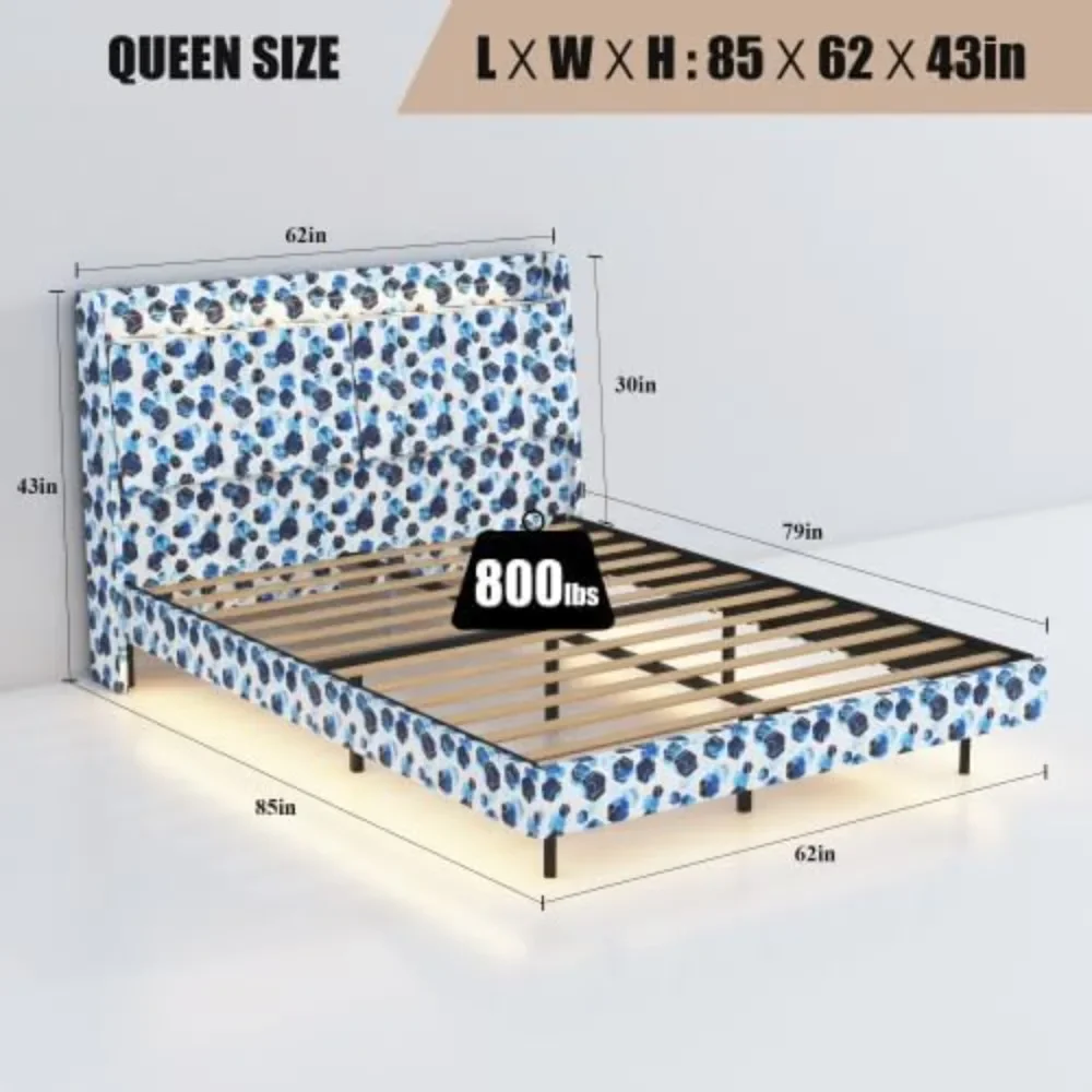 bedstead.Queen    with      Upholstered Platform Bed Frame Queen Size with Headboard and Hidden Storage Space, (Blue,New)