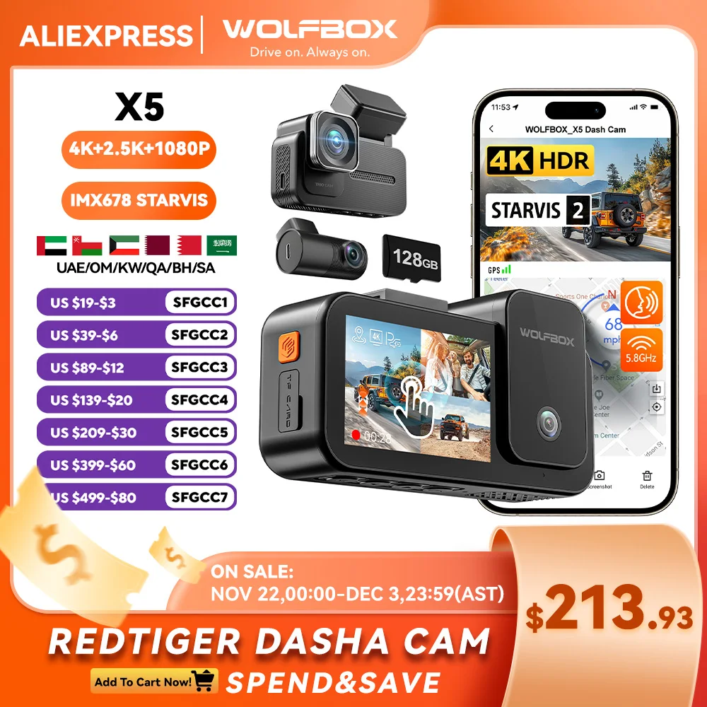 WOLFBOX X5 3 canales 4K Dash Cam STARVIS 2 IMX678 4K + 2,5 K cámara interior delantera y trasera para coche Triple 5,8 GHz WiFi espejo coche DVR