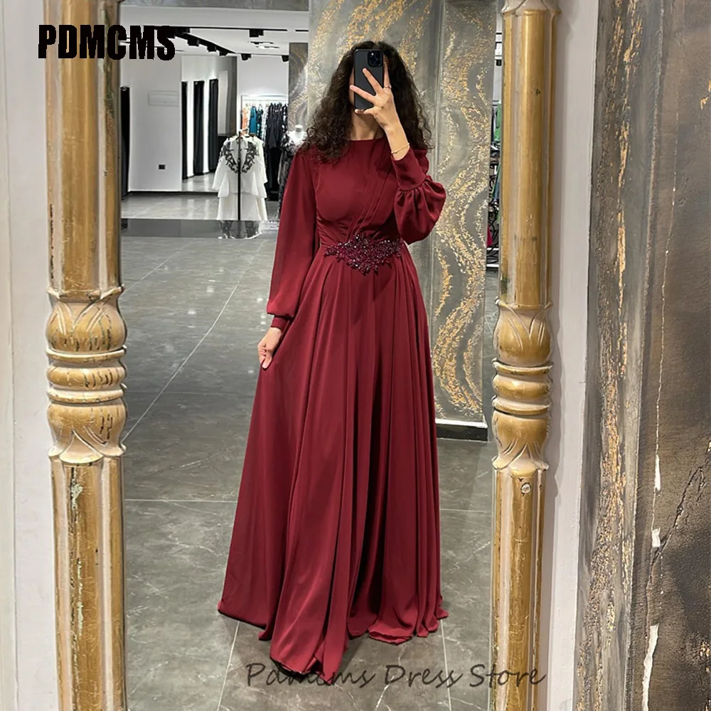 

PDMCMS Burgundy Chiffon Saudi Arabia Evening Dresses Long Sleeve Elegant Dubai Formal Dress Muslim Women Floor Length Prom Gowns