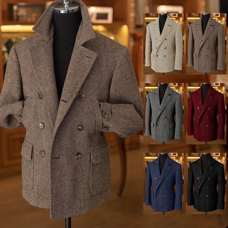 

Men's Herringbone Jacket Double Breasted Blazer for Men Suit Casual Vintage Male Coat Custom Made Plus Size