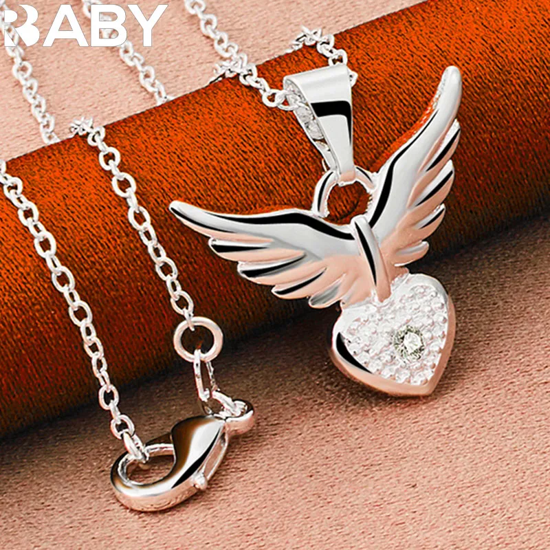 

URBABY 925 Sterling Silver With 16-30 inch Chain AAA Zircon Wings Heart Pendant Necklace For Women Wedding Party Gifts Jewelry