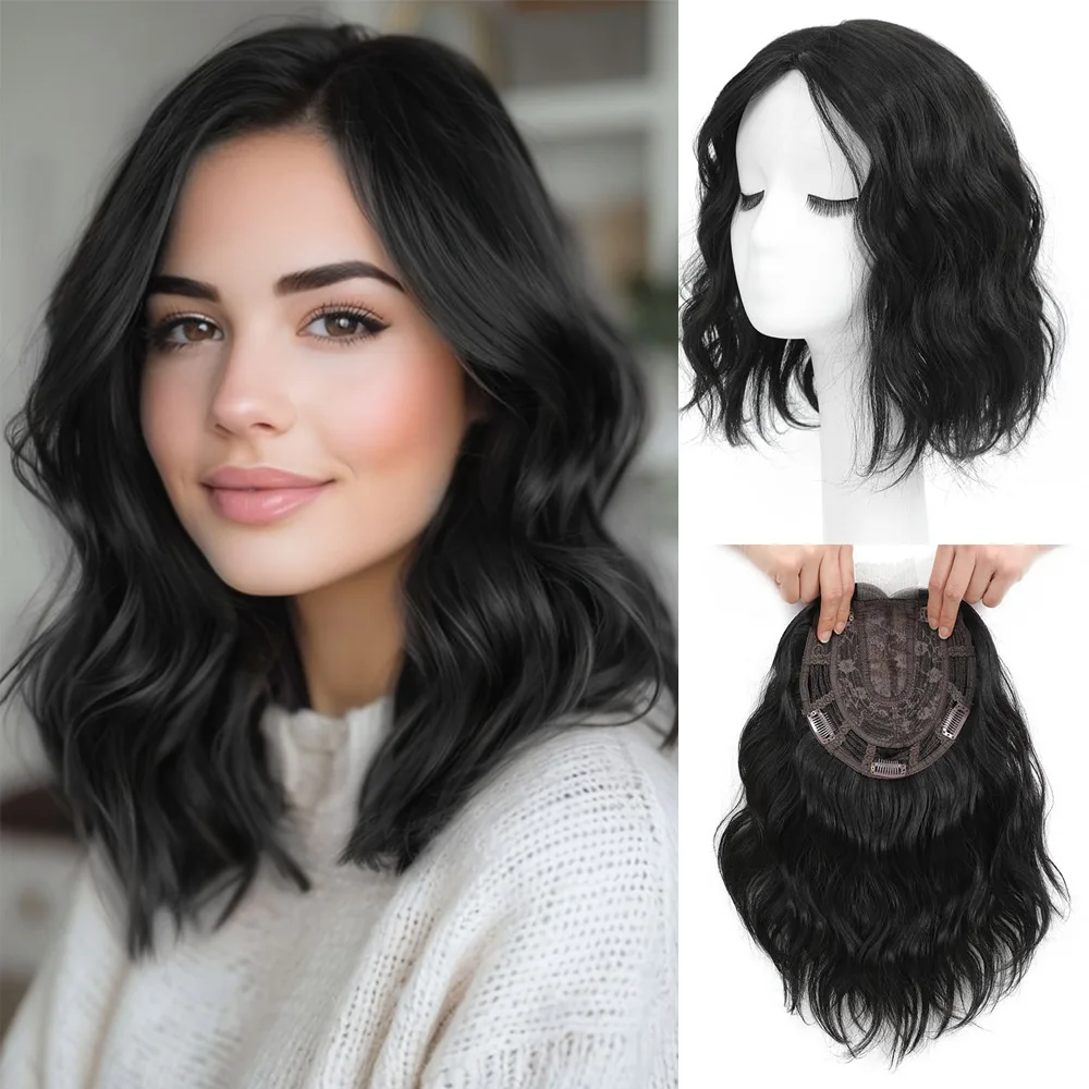 Hair Topper 12 Inch Hair Toppers For Women Synthetic Lace Wavy Curly Brown Blonde Highlights Clip In Synthetic Wiglets for Women