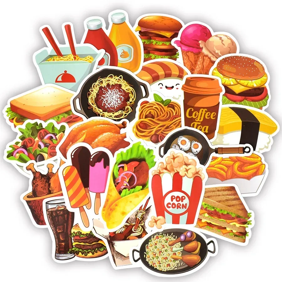 50 PCS Tasty Fast Food Stickers Toys for Children Hamburger Fries Pizza Decal Sticker Toy Gift to DIY Car Fridge Laptop Suitcase