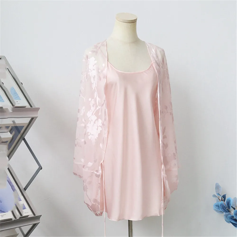 

Chinese Style Women Robe Nightdress Sleepwear Two Piece Set Sexy Nightgown Kimono Bathrobe Loose Casual Home Wear