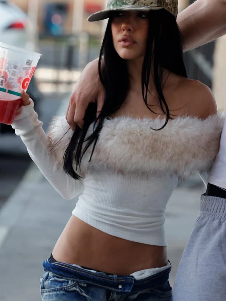 Nibber Removable Fur Collar t-Shirts Women Slash Neck Full Sleeve Asymmetrical Hem Skinny Simple Street Autumn Fashion Crop Tops