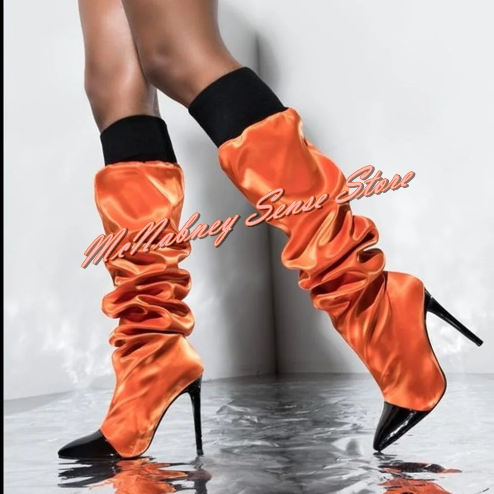 

Elastic Band Pleated Boots Pointy Toe Stiletto Heels Women Sexy Shoes Patchwork Slip On New Style Autumn Party Knee High Boots