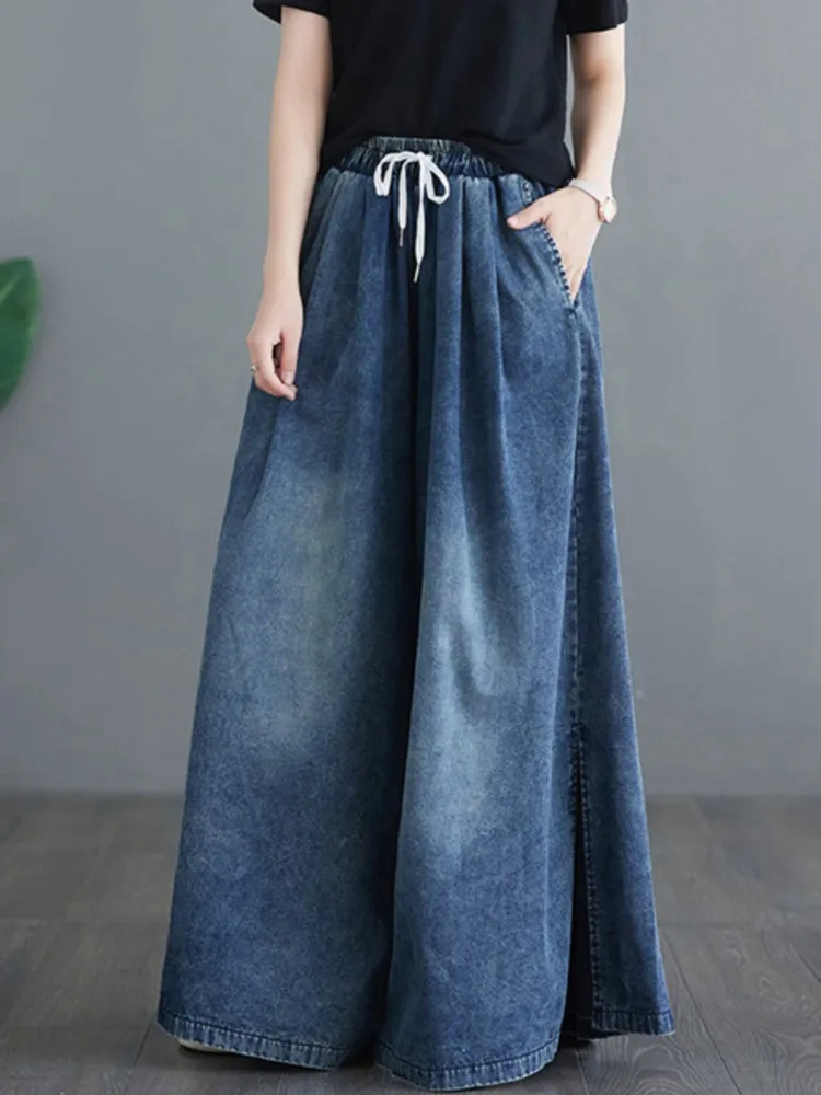 Oversized jeans lente zomer lange wijde pijpen broek vrouwen losse geplooide mode split dames broek elastische hoge taille vrouw broek