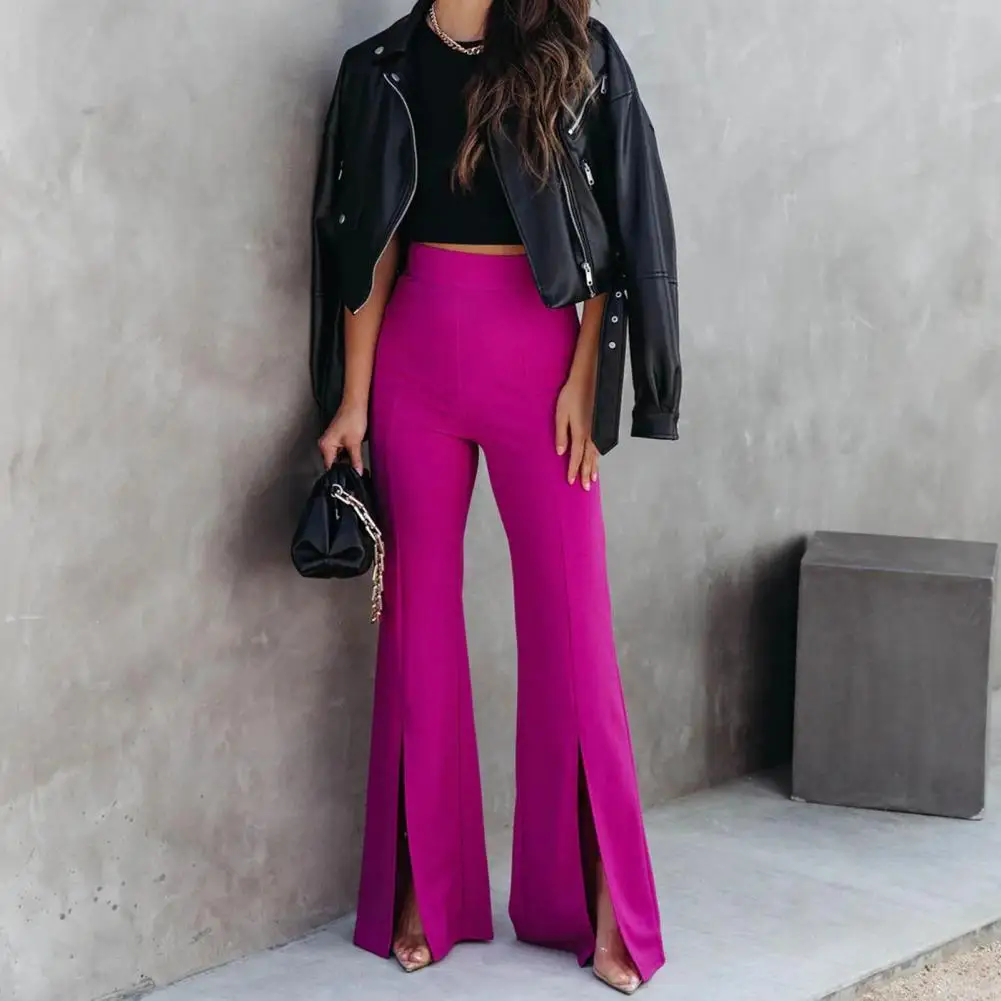 Women Suit Trousers High-Waist Elastic Waistband Solid Color Micro Flared Pants Women Leg Opening Split Office Fishtail Pants