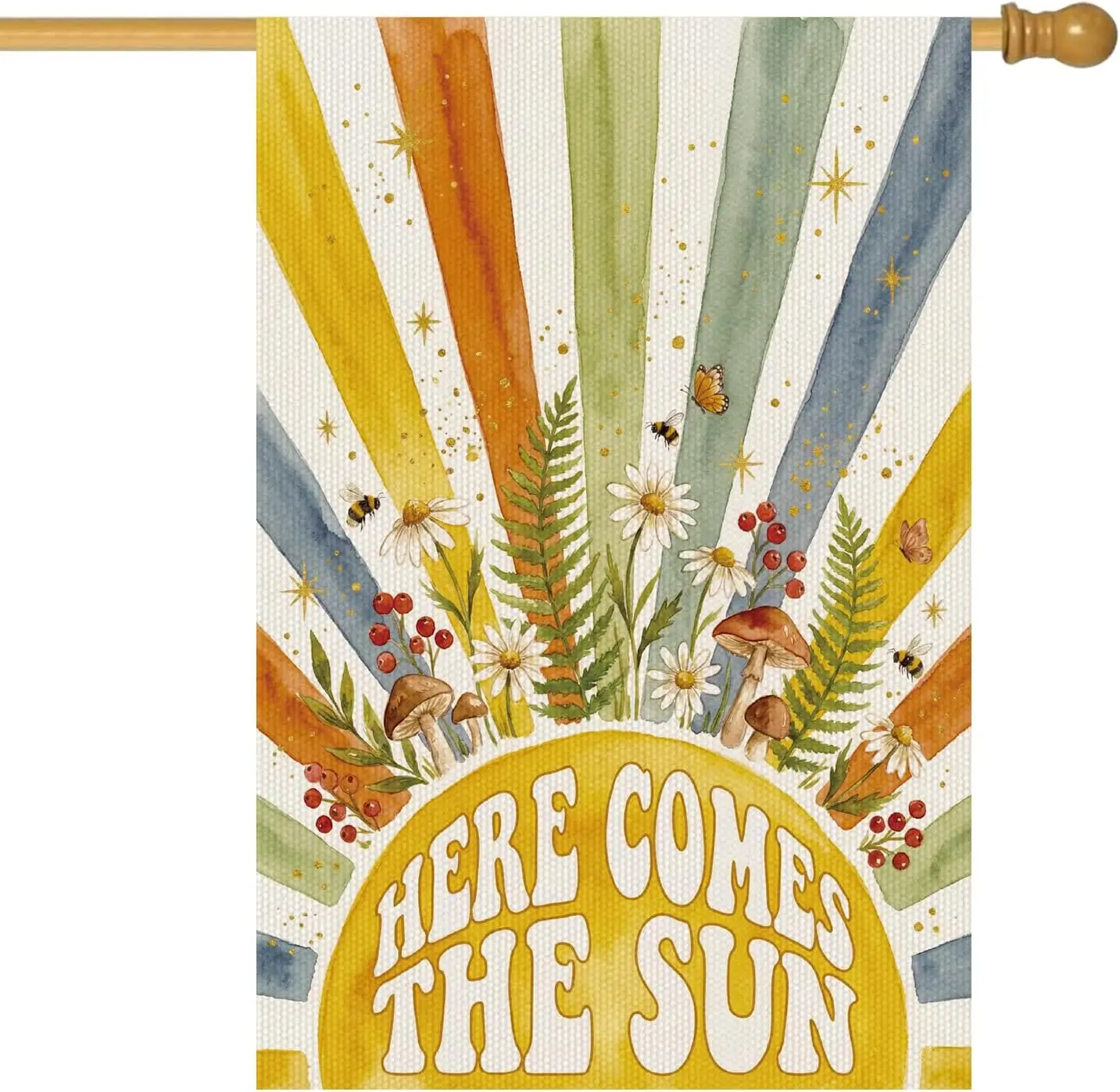Summer House Flag for Outside, Here Comes The Sun Vintage Yard Flags for Home Party Decoration, Retro Daisy Double Sided Lar jjp