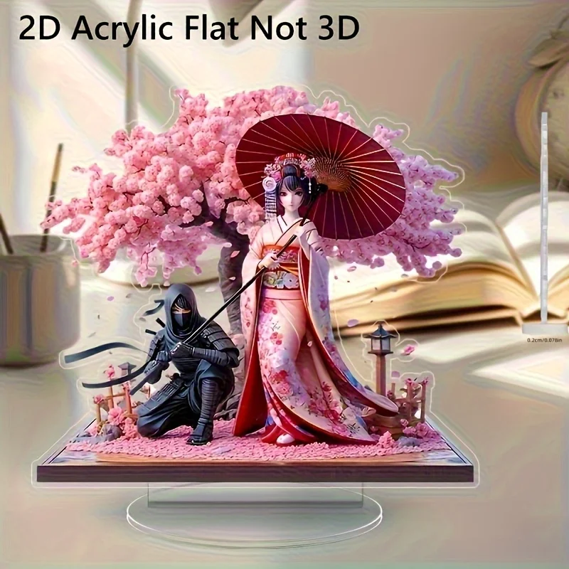 2D Flat, 2D Acrylic Anime Cherry Blossom Ninja Sculpture - Japanese Kimono And Katana, Pink Cherry Tree Base, Multifunctional Ho