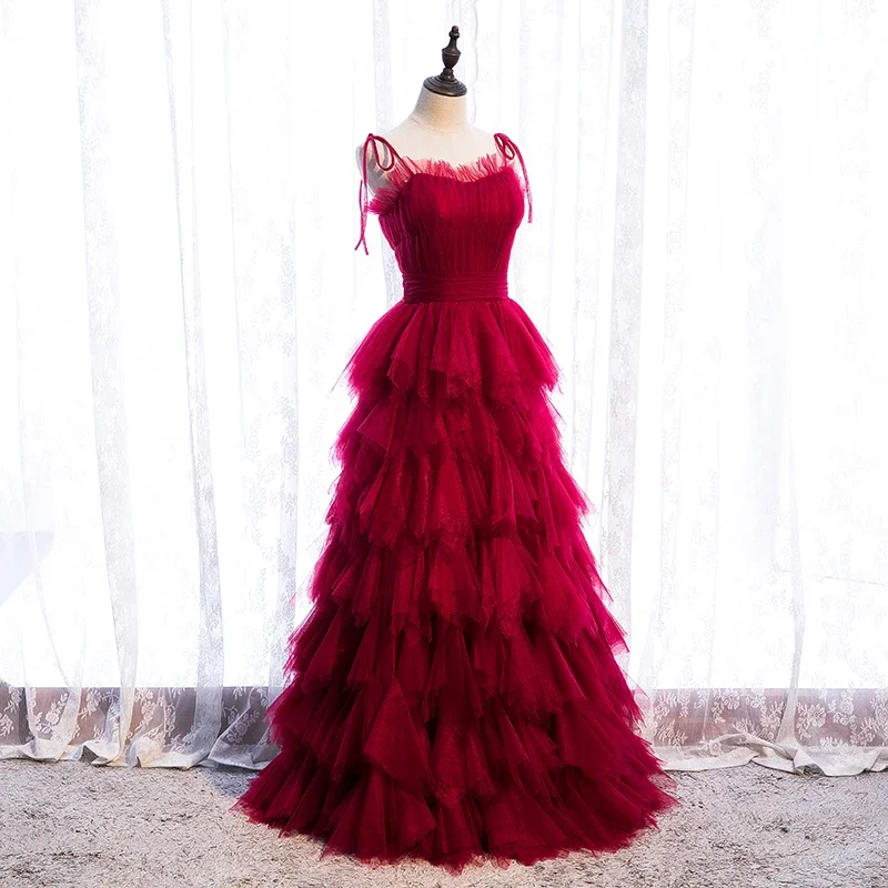 Evening Dress Wine Red Tulle Sgaphetti Straps Zipper Tiered Ruffles A-Line Floor-Length Plus size Party Formal Gown Woman B249