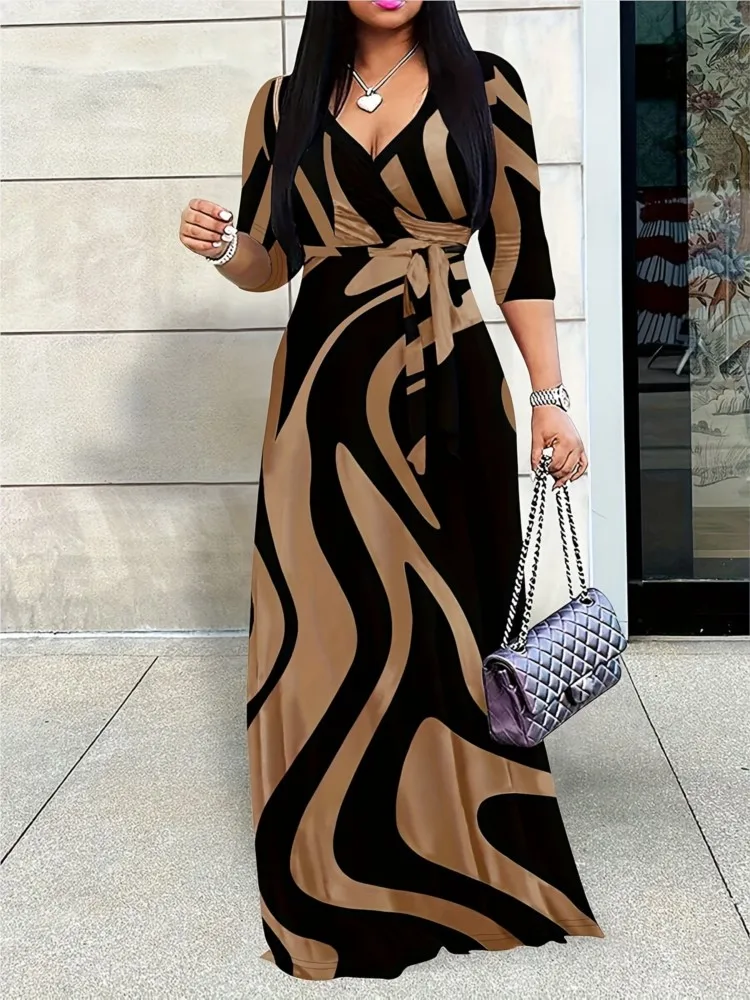 

Autumn Vestidos Para Mujer Fashion Printed V-neck Dress For Women 2025 Waist Cinched Lace Up Temperament Commuting Long Dresses