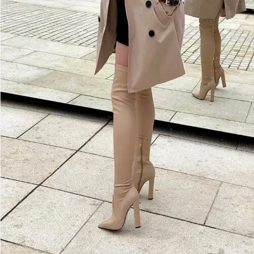 

Sexy Women Apricot Satin Elatic Slim Pointed Toe Block Heel Patchwork Over The Knee Boots Autumn Thigh Long Boots Shoes Lady