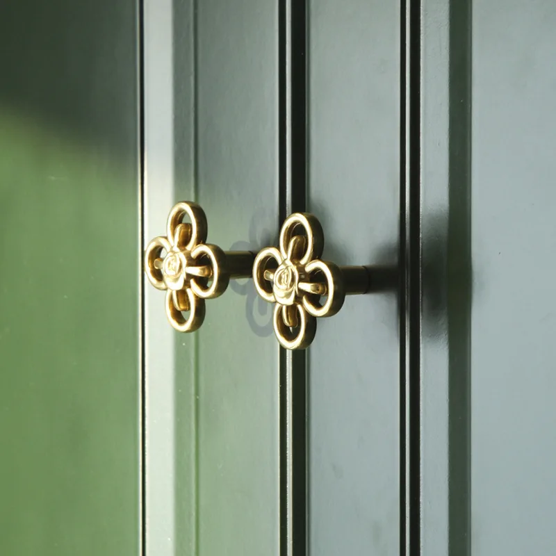 4 Uds. Tiradores de muebles con diseño de flores de latón macizo, pomos para cajones, armario, vestidor, zapatero, TV, tiradores para gabinete de vino