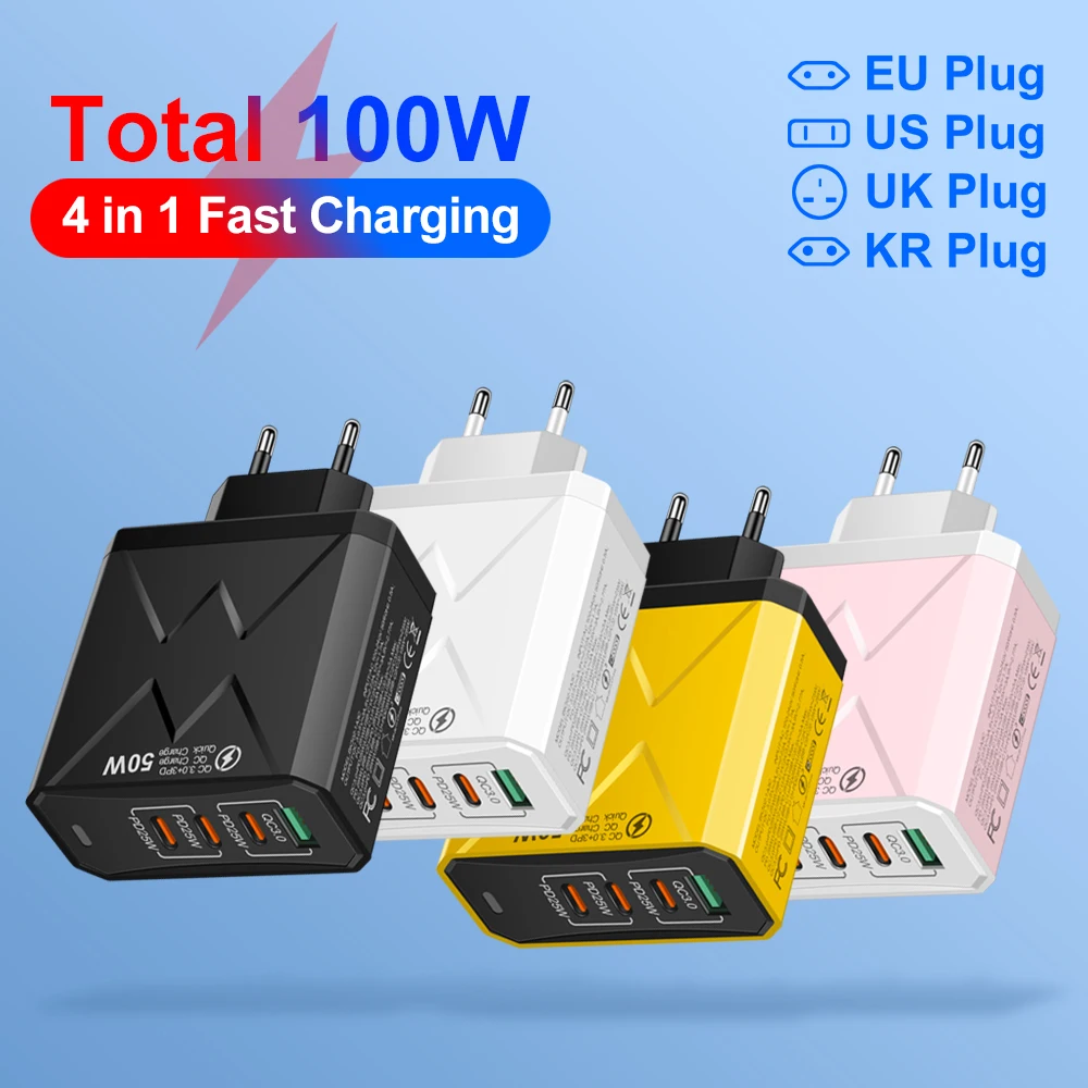 

Total 100W 4Ports Charger USB Quick Charging 3.0 Mobile Phone Wall Adapter For iPhone Samsung Xiaomi Huawei Fast Charge