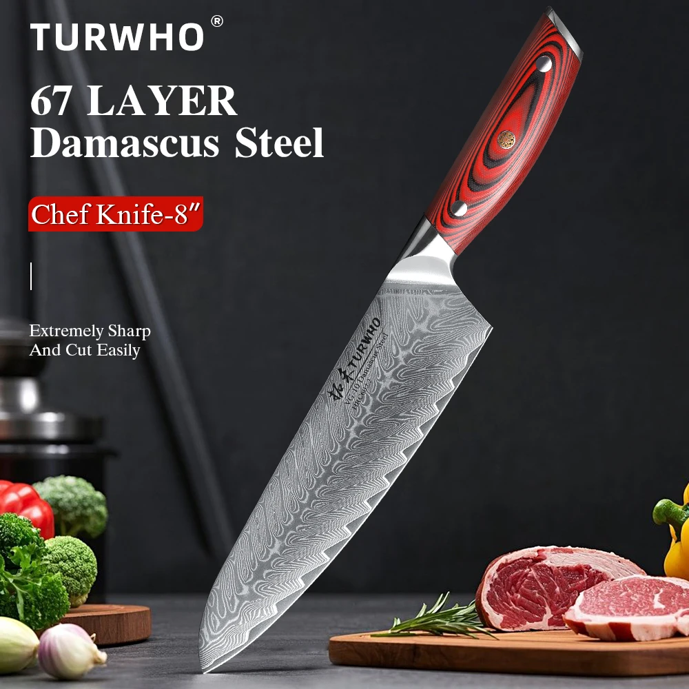 TURWHO 8-inch Professional Chef Knives Japanese 67 Layer Damascus Steel Super Sharp Meat Vegetable Kitchen Knife Cooking Tools