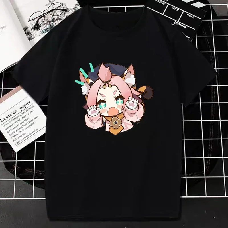 Genshin Impact Graphic T-shirt das mulheres, Camiseta de Manga Curta, Tops Casuais, Harajuku, Kawaii, Streetwear Verão, Y2K Roupas, Jogo Quente