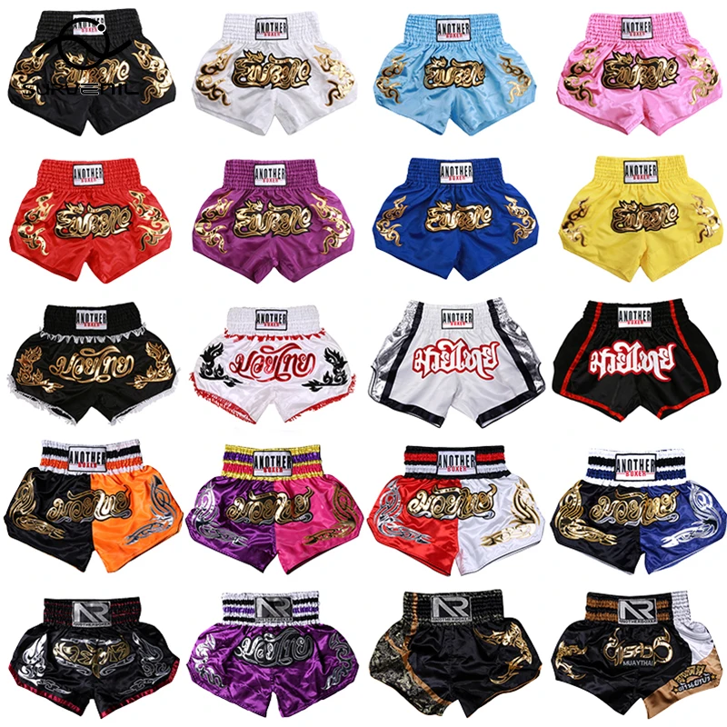 الملاكمة التايلاندية السراويل 2025 جديد سراويل الملاكمة النساء الرجال الطفل التطريز كيك بوكسينغ سروال التدريب ساندا فنون الدفاع عن النفس معدات القتال