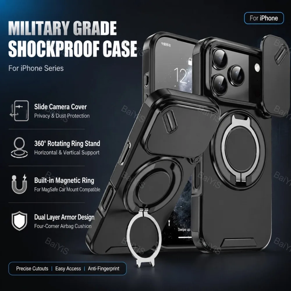 Armor Shockproof Magnetic Ring Stand Holder Case For iPhone 18 17 Air 16 15 14 13 Pro Max Plus Camera Flip Protection Cover