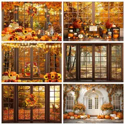 Autumn Maple Leaves Forest Window Backdrop Pumpkins Sunflower Baby Shower Family Party Photography Background Decor Photo Studio