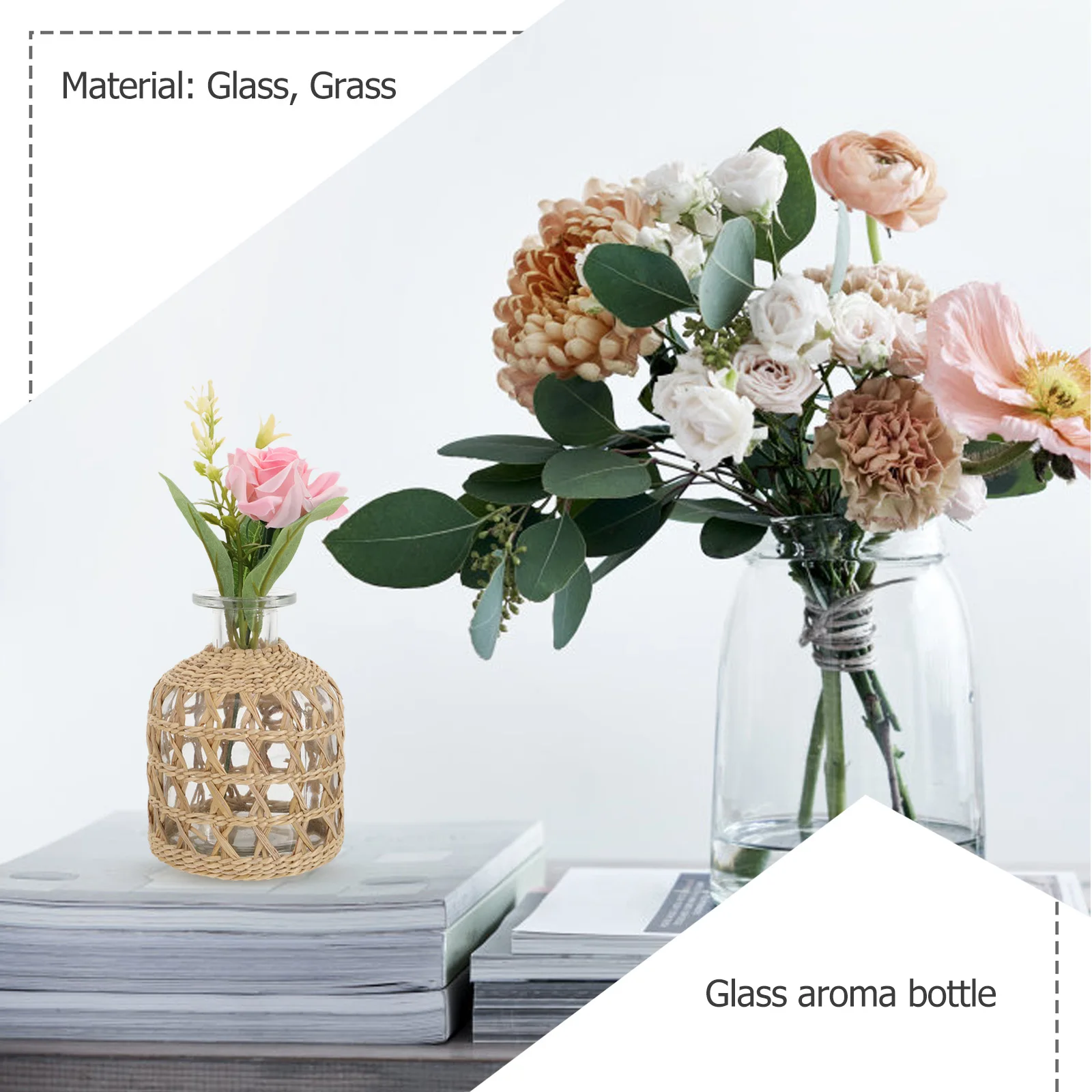 

Handwoven Natural Grass Aroma Bottle Glass Vase For Home Decor Creative Table Adornment Flower Arrangement Holder Light