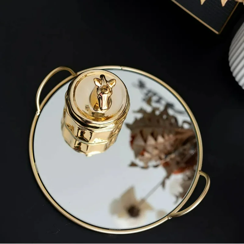 Brass Handle Storage Tray Mirror Soft Glass Storage Tray Gourmet Photo Plate Living Room Decorations Crafts Gift Home Decoration