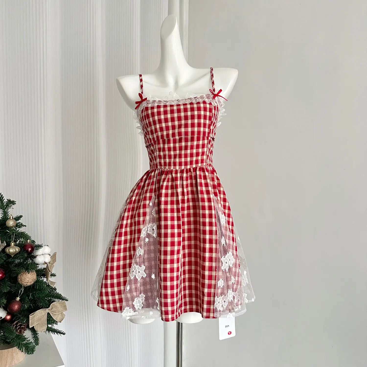 A-Line Dress Plaid Patchwork Lace Embroidered Suspender SkirtWomen'S Red Vintage Off Shoulder Sundress Sleeveless Mini Dresses
