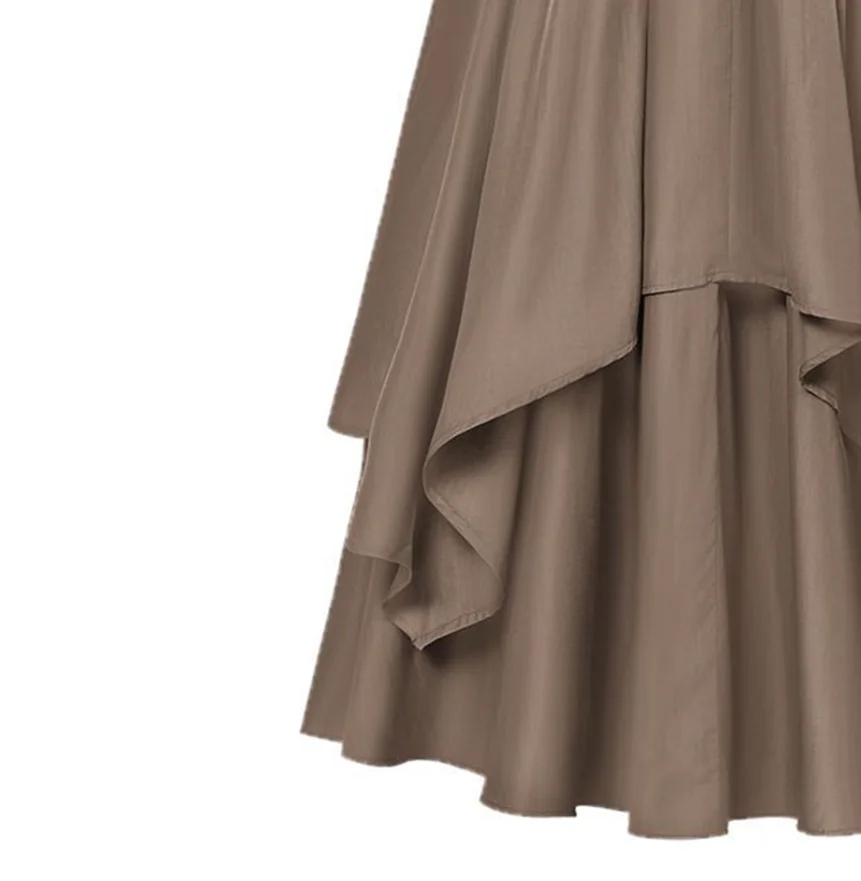 Women Midi Skirt Elastic High Waist Double Layer Irregular Hem Halloween Skirt Pure Color A-Line Vintage Cosplay Medieval Showgi