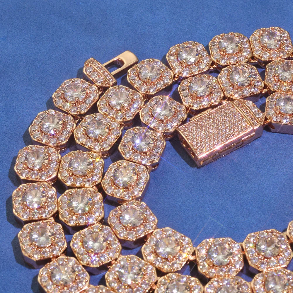 Collar de cadena de tenis de racimo cuadrado de oro rosa, joyería de roca de moda de cobre de circonia de Hip-Hop, estilo Unisex