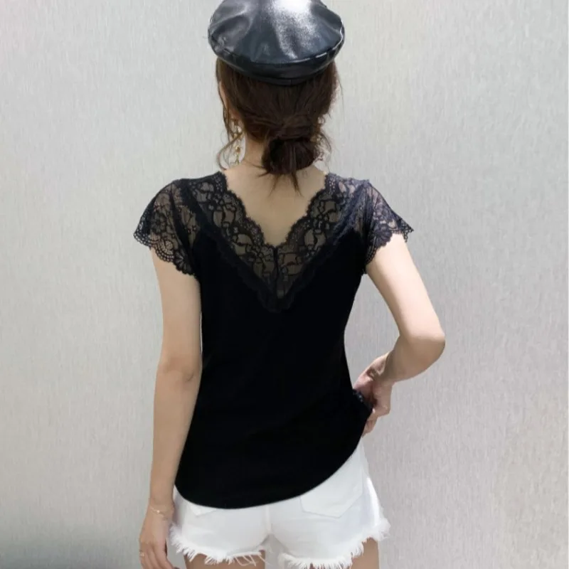 #7105 Black White Sequin T Shirt Women V Neck Spliced Lace Sexy Skinny T Shirt Female Hollow Out Short Sleeved Women\'s T-shirt