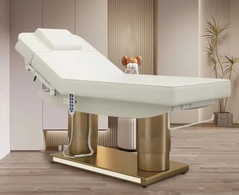 Luxury Salon Furniture White Gold Electric Facial Cosmetic Beauty Massage Bed Table