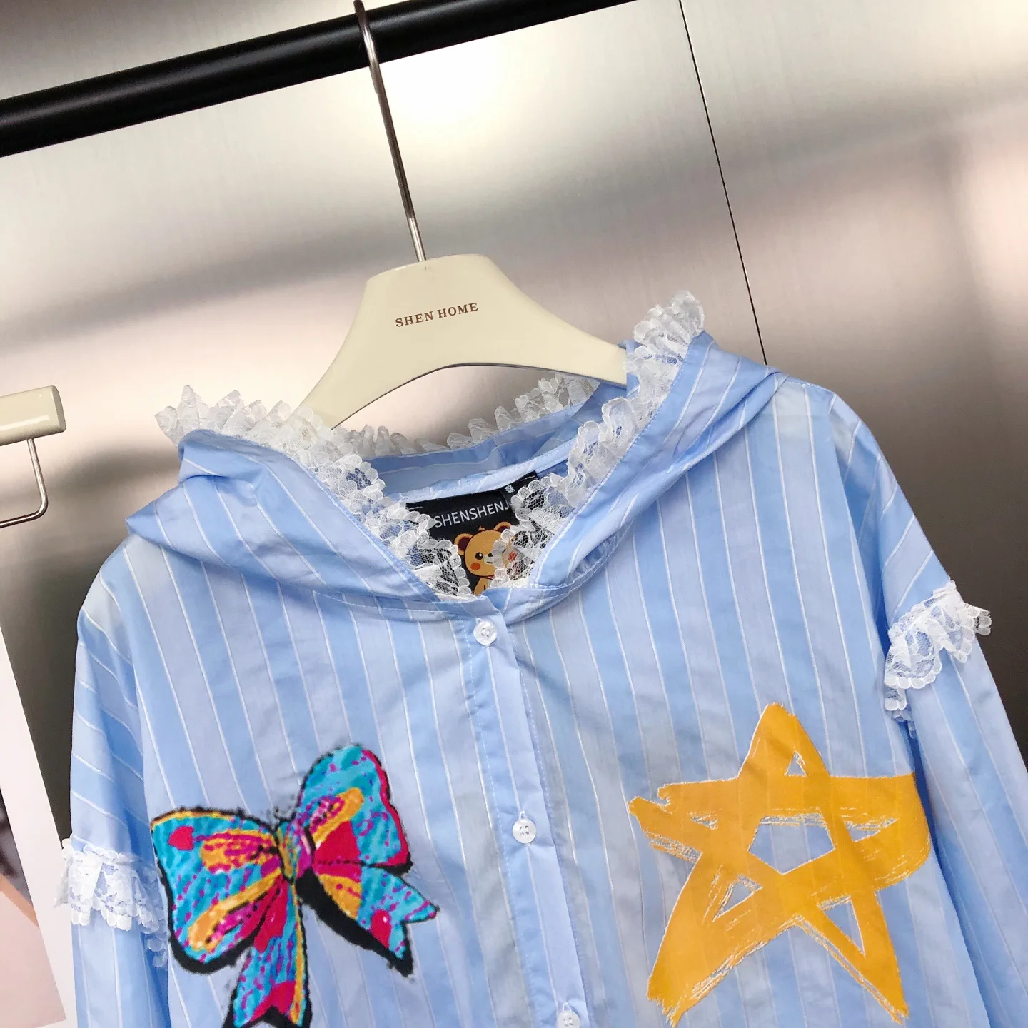 Korean Style Striped Loose Lace Hooded Shirt Ins Front and Back Printed Cartoon Long Sleeve Shirt for Women Anime Hoodie