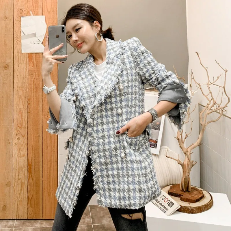 Korean Autumn  Elegant Office Lady Fashion Winter Jackets Women Tassel Vintage Plaid Tweed Coat Women Clothes Mujer