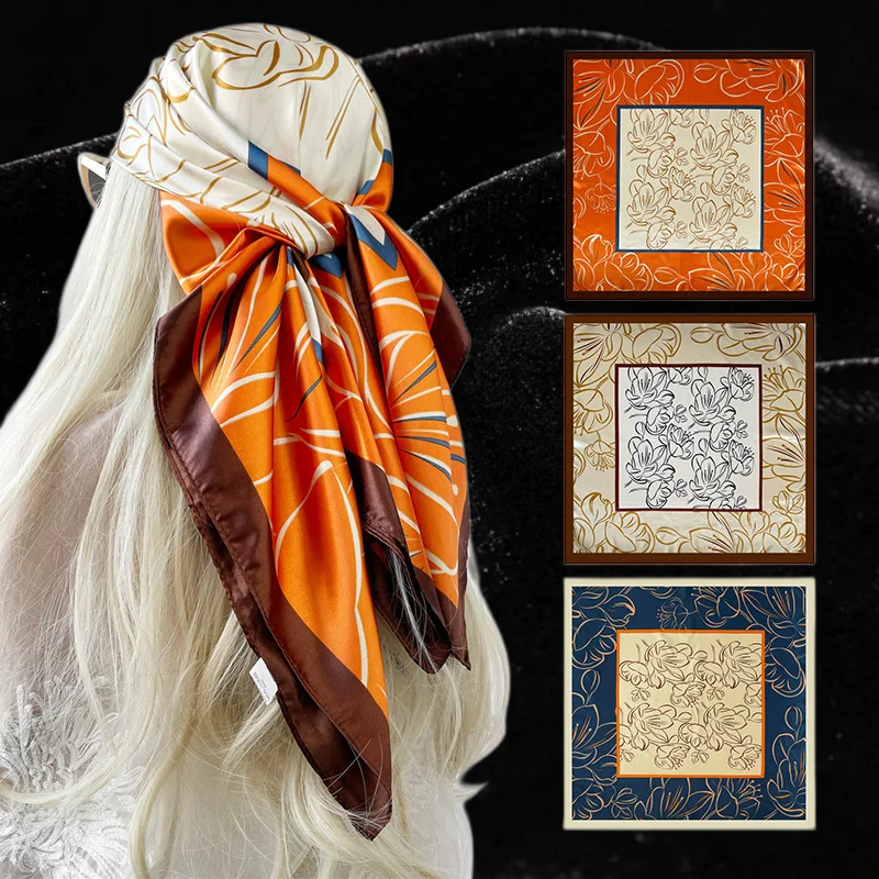 90cm Floral Print Satin Square Scarf Luxury geometric style headscarf women vintage elegant accessory Orange cream floral satin