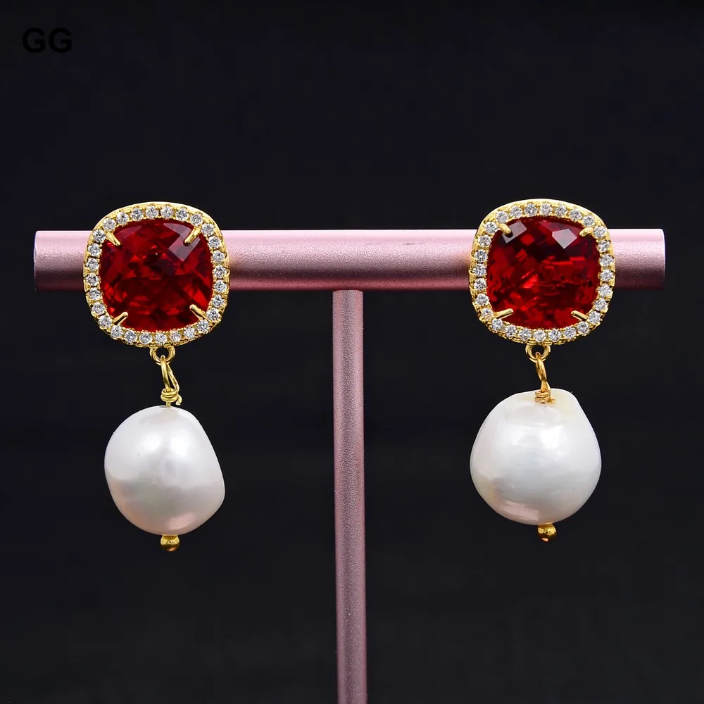 Natural White Baroque Keshi Pearl Red Crystal CZ Pave Earrings For Women