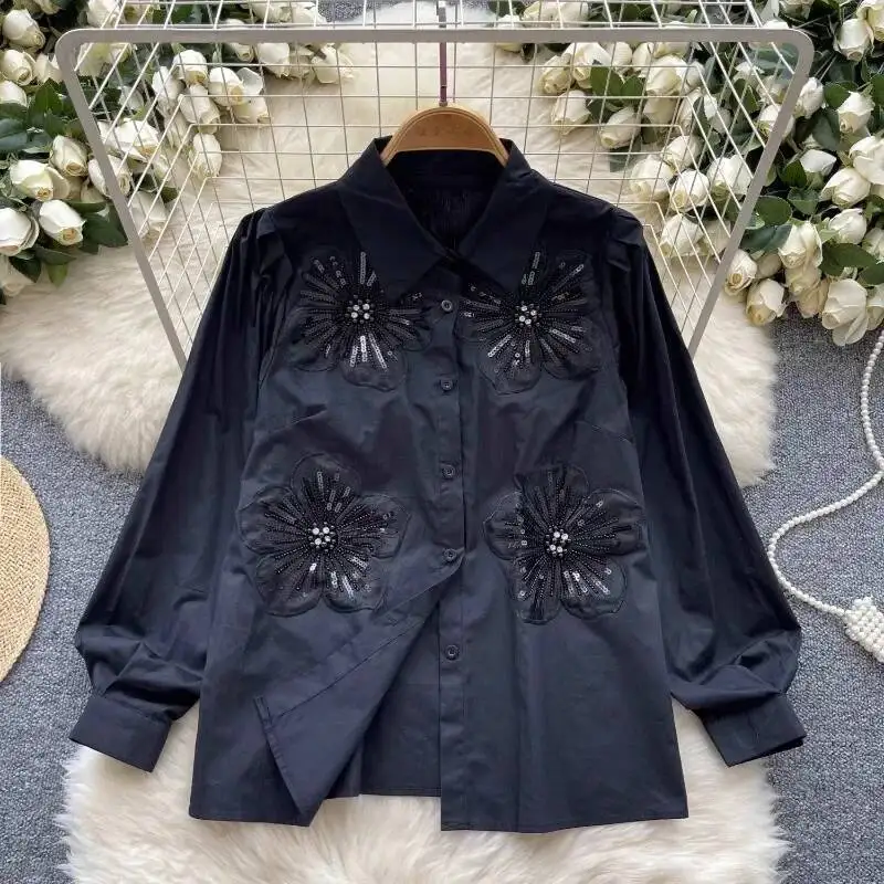 

Корейская высококачественная рубашка BabYoung с воротником с лацканами, Femme, осень 2023, свободная блузка с цветочными шипами и украшением в виде диаметров, светская темпераментная блузка