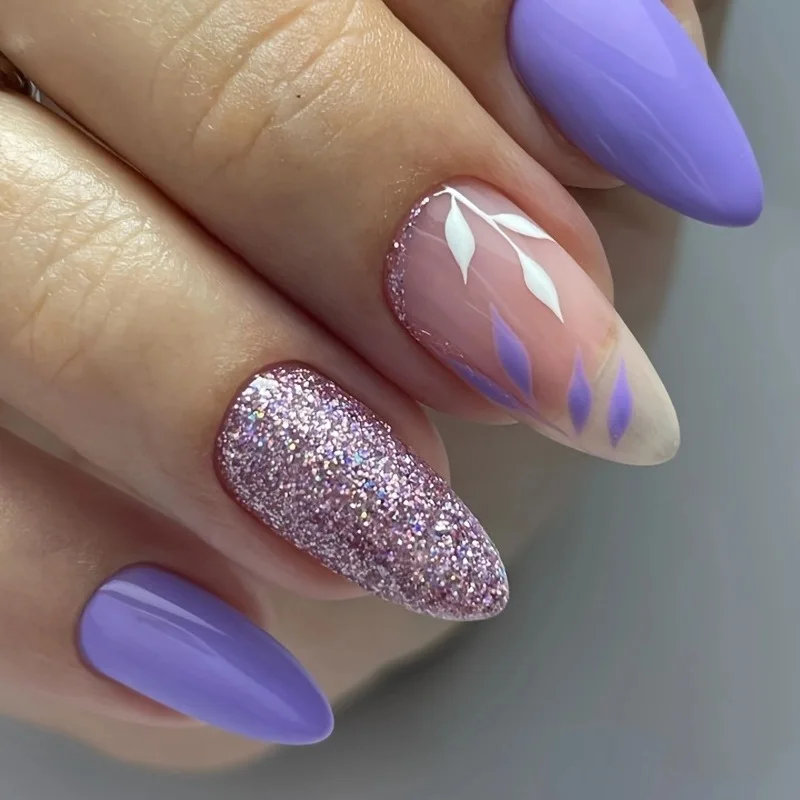 

Almond-shaped long fake nails shimmering purple refreshing plant design removable nail pieces