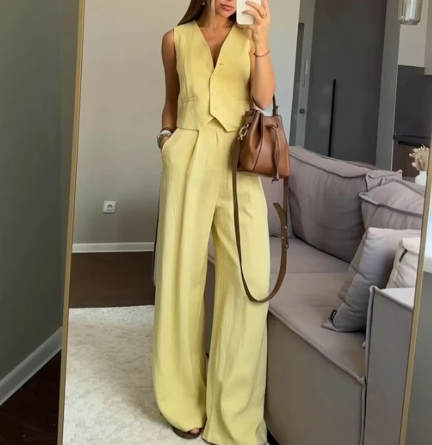 

New Fashion 2025 Sexy Elegant 2 Piece Sets Womens Outfits Minimalist Style Vest Tank Top High Waisted Wide Leg Pants Casual Suit